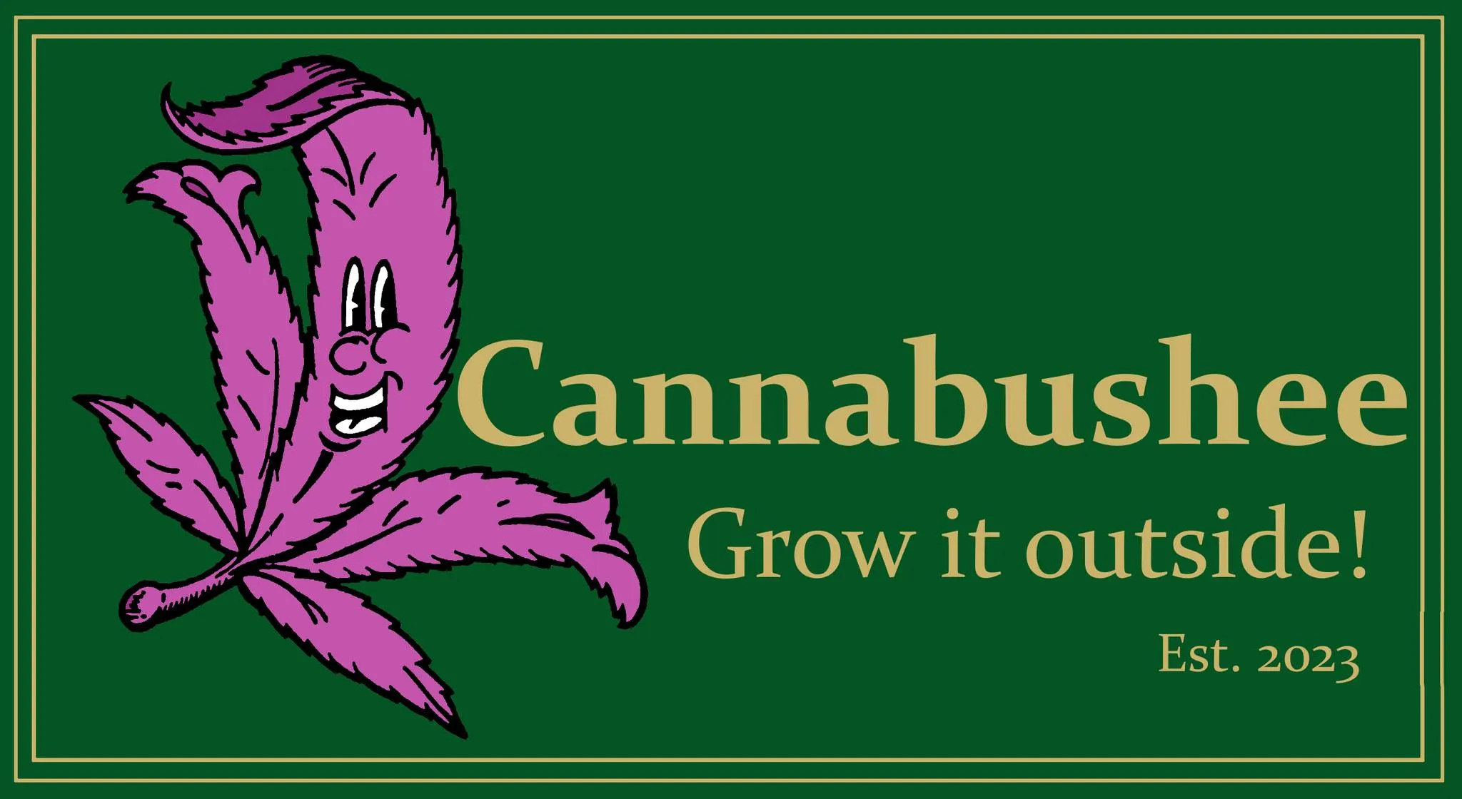 Cannabushee logo — purple cannabis leaf mascot on forest green background